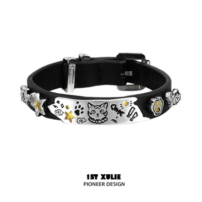 1STXULIE black kitty leather bracelet with decorative charms and a sleek design