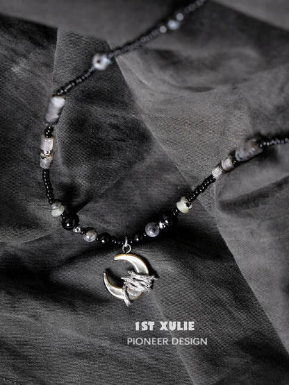 1ST XULIE Black Moon Agate Necklace with Unique Silver Crescent Moon Pendant