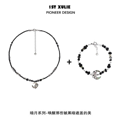 1ST XULIE black moon agate necklace featuring elegant beads and a crescent moon charm