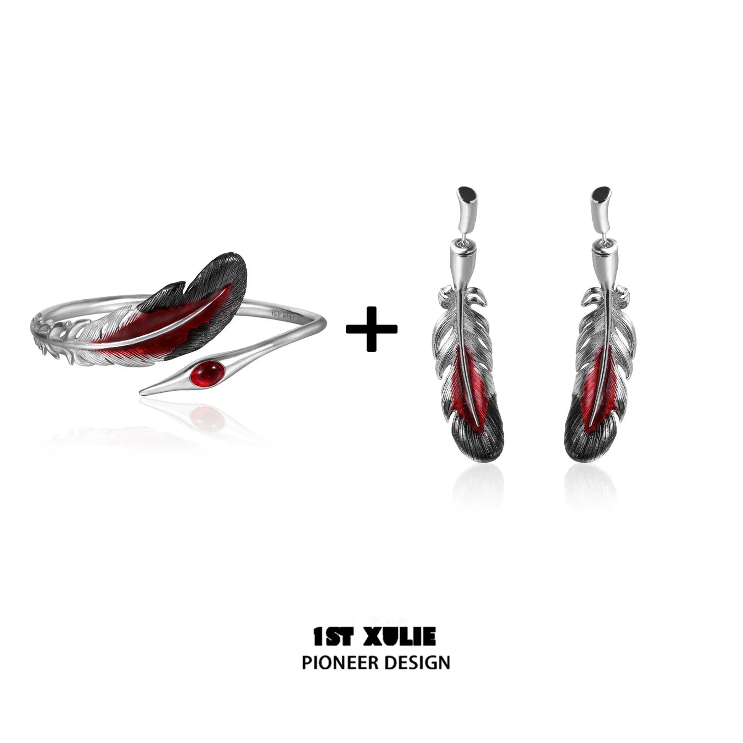 1ST XULIE Bloody Feather Bracelet and Earrings Set with Silver and Red Design