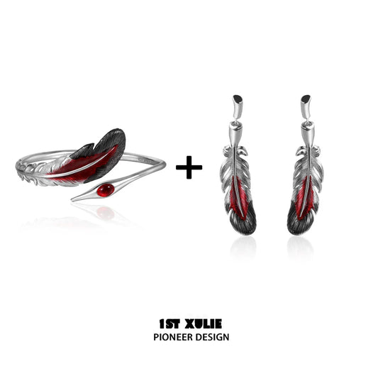 1ST XULIE Bloody Feather Bracelet and Earrings Set with Silver and Red Design