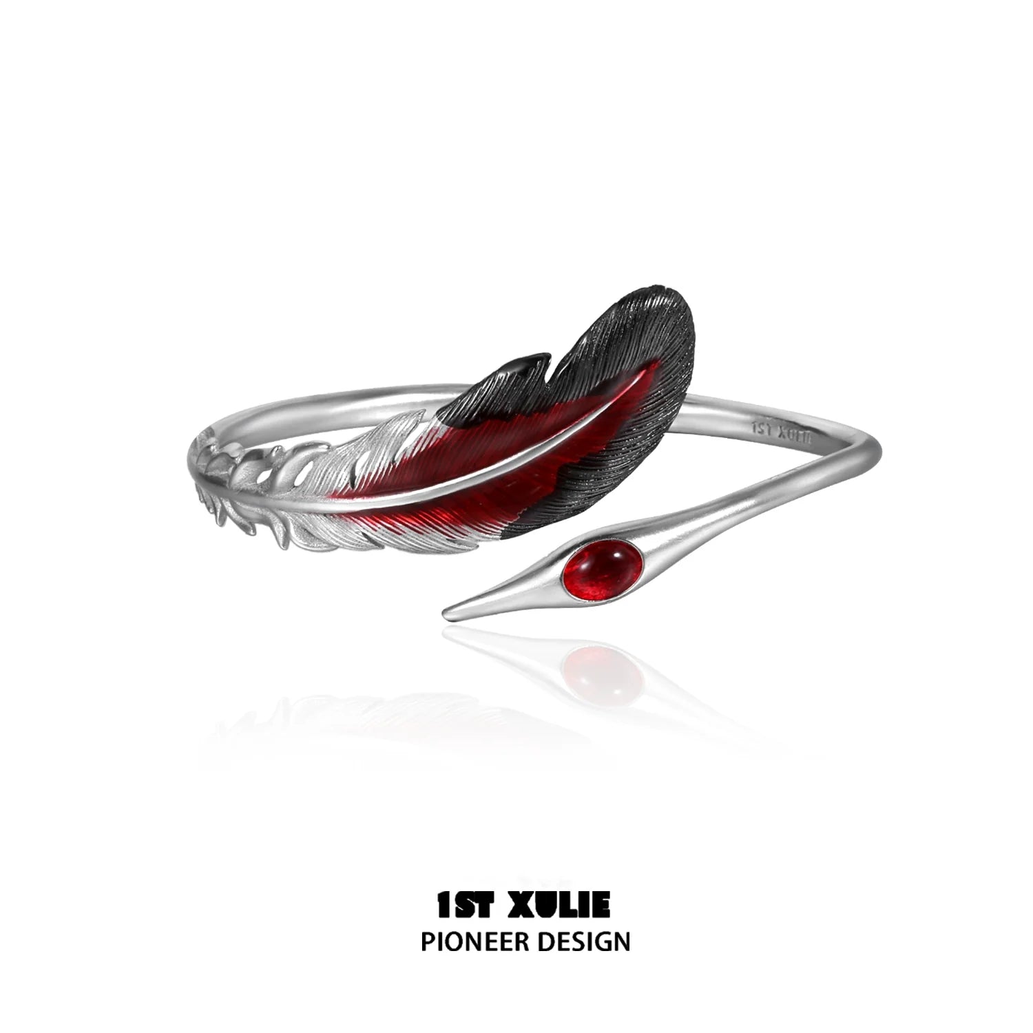 Stylish bloody feather bracelet featuring red and black design with a sleek silver finish