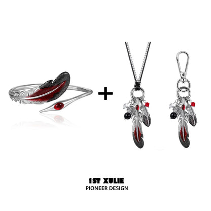 1ST XULIE bloody feather bracelet featuring a silver design with red accents and matching jewelry pieces