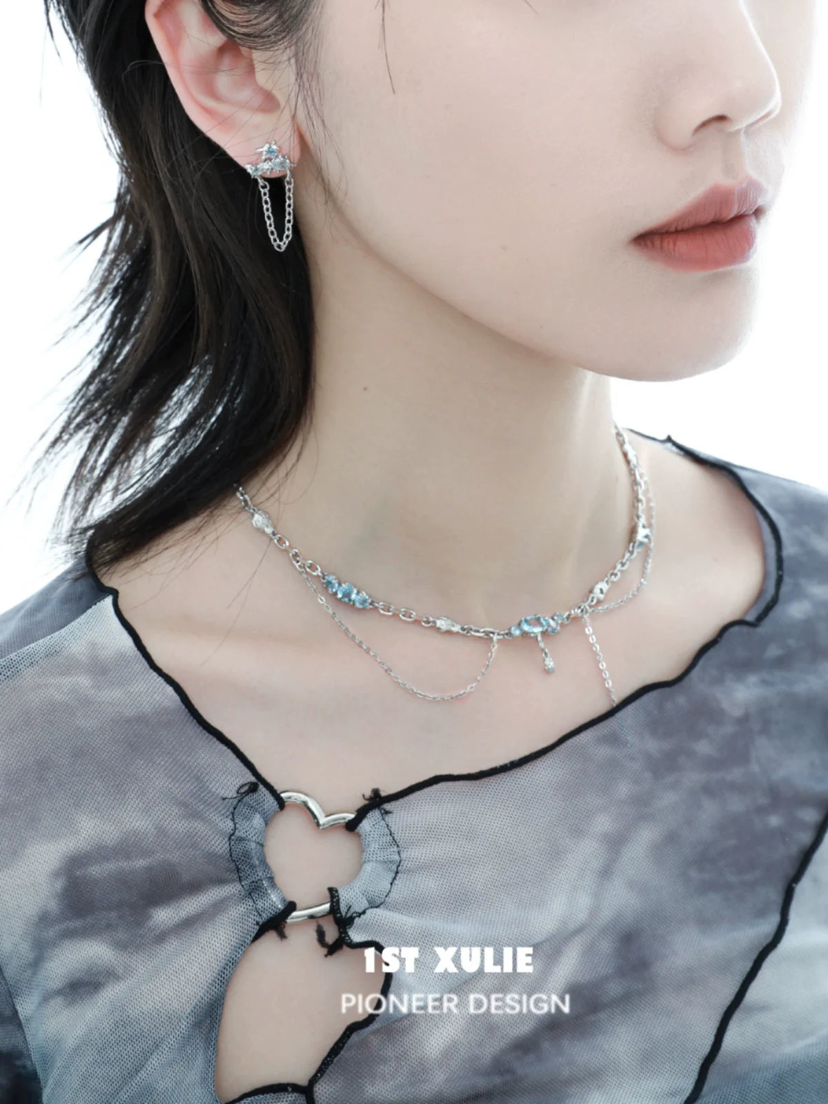 Stylish blue fringe zircon necklace paired with matching earrings for a trendy look