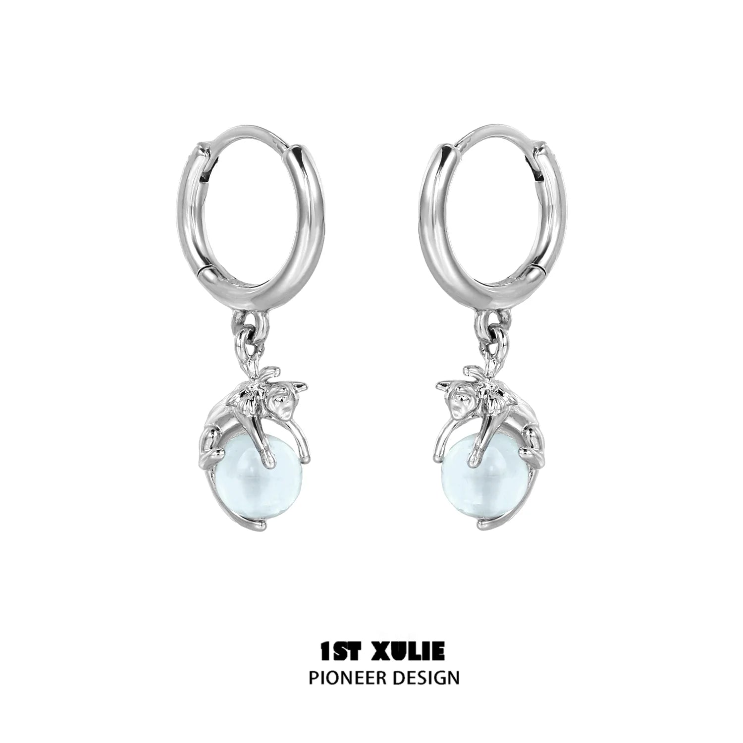 Silver Blue Kitten Hoop Earrings with Cute Cat Charm and Light Blue Bead