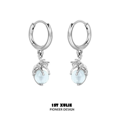 Silver Blue Kitten Hoop Earrings with Cute Cat Charm and Light Blue Bead