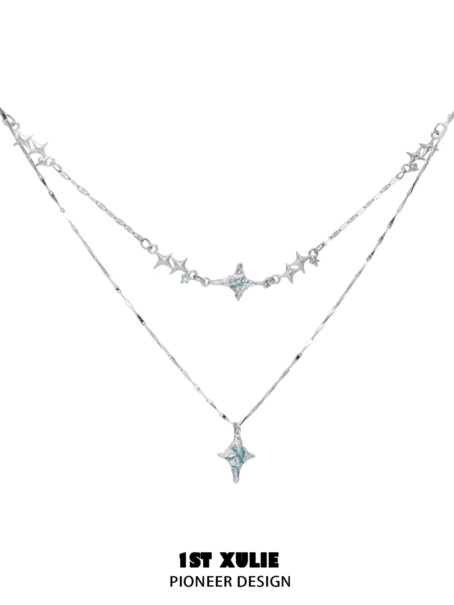 Elegant blue starry sky necklace featuring layered design with star charms and sparkling accents