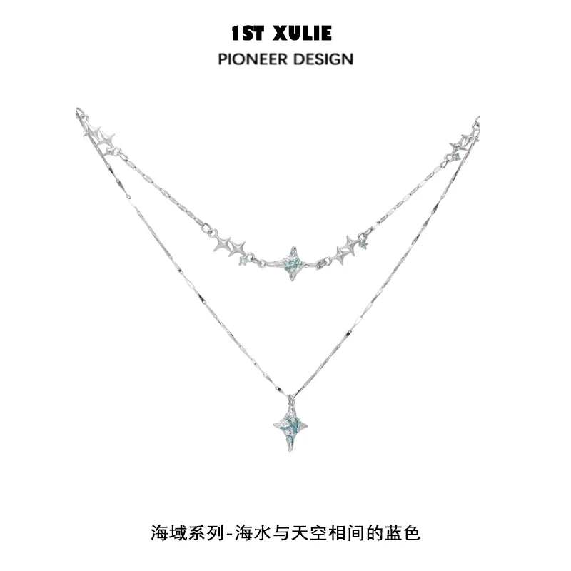 1ST XULIE Blue Starry Sky Necklace featuring a double-layer design with star pendants