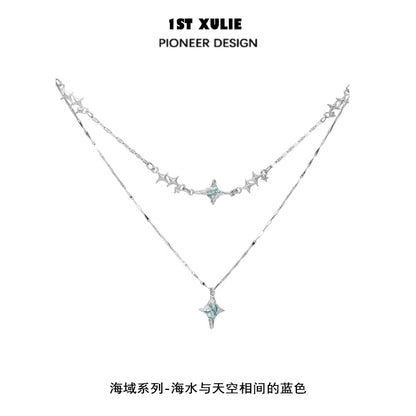 1ST XULIE Blue Starry Sky Necklace featuring a double-layer design with star pendants