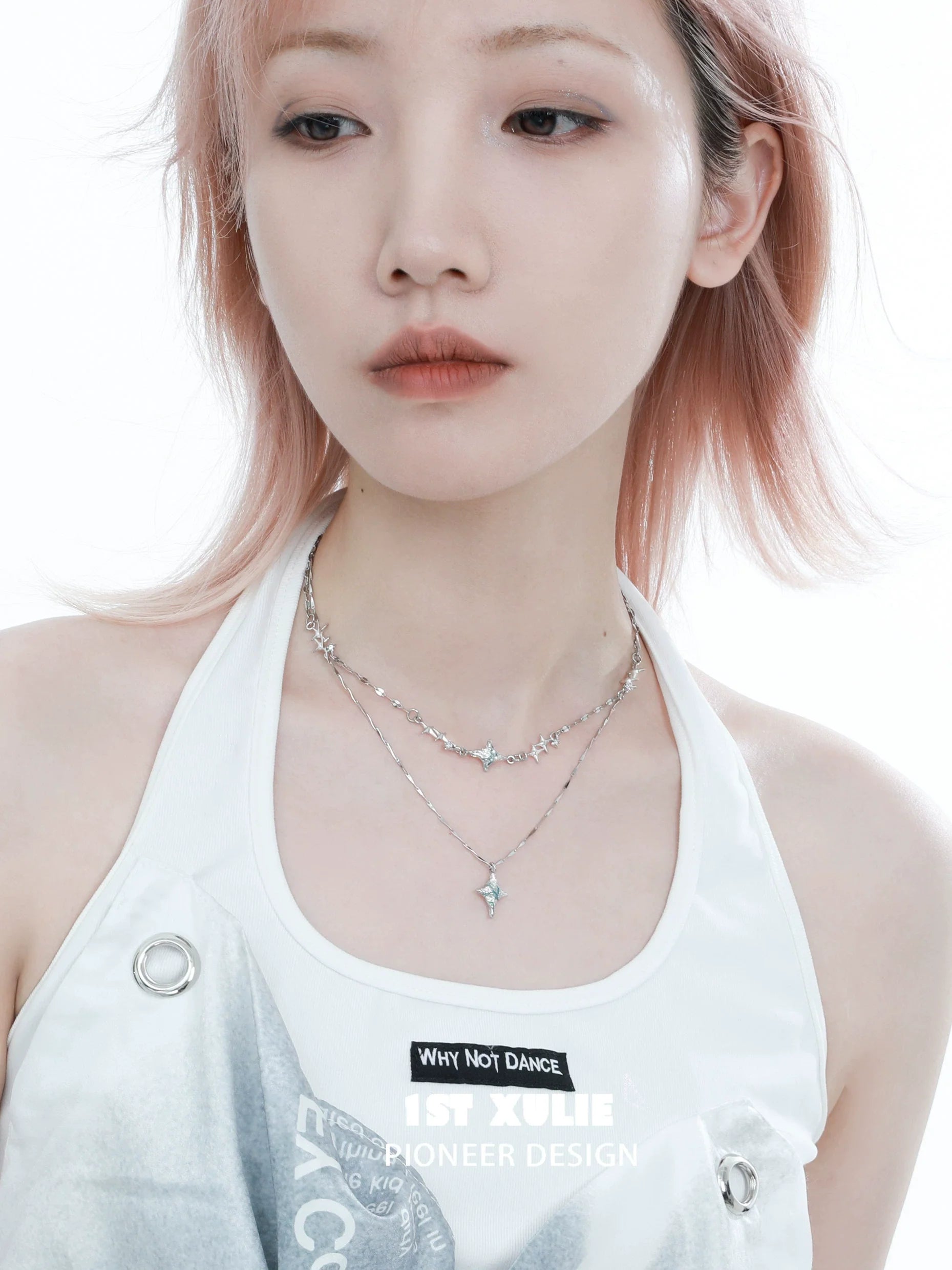 Elegant blue starry sky necklace on a model, showcasing a celestial design perfect for any outfit