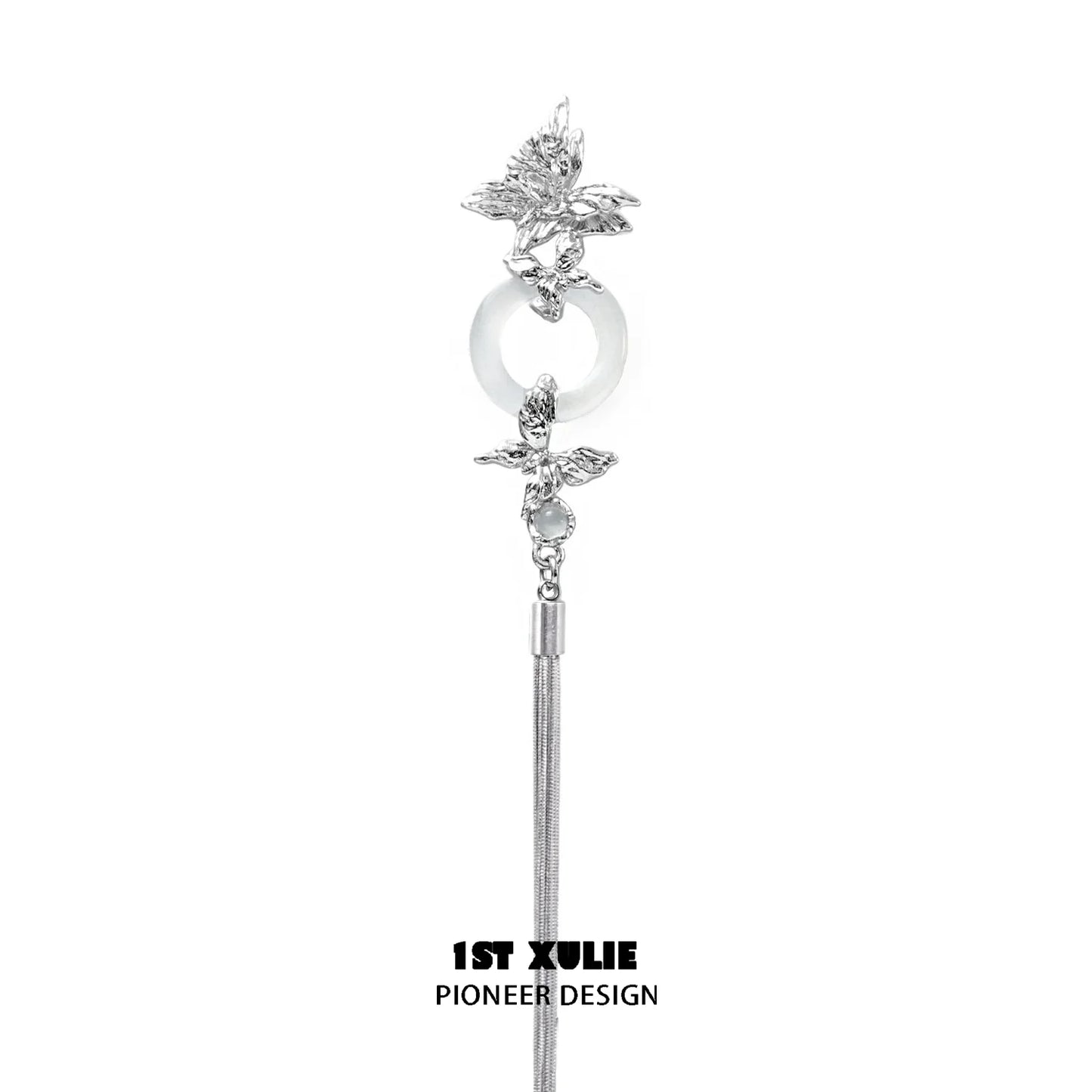 Elegant butterfly tassel earrings with silver accents and a circular gemstone centerpiece