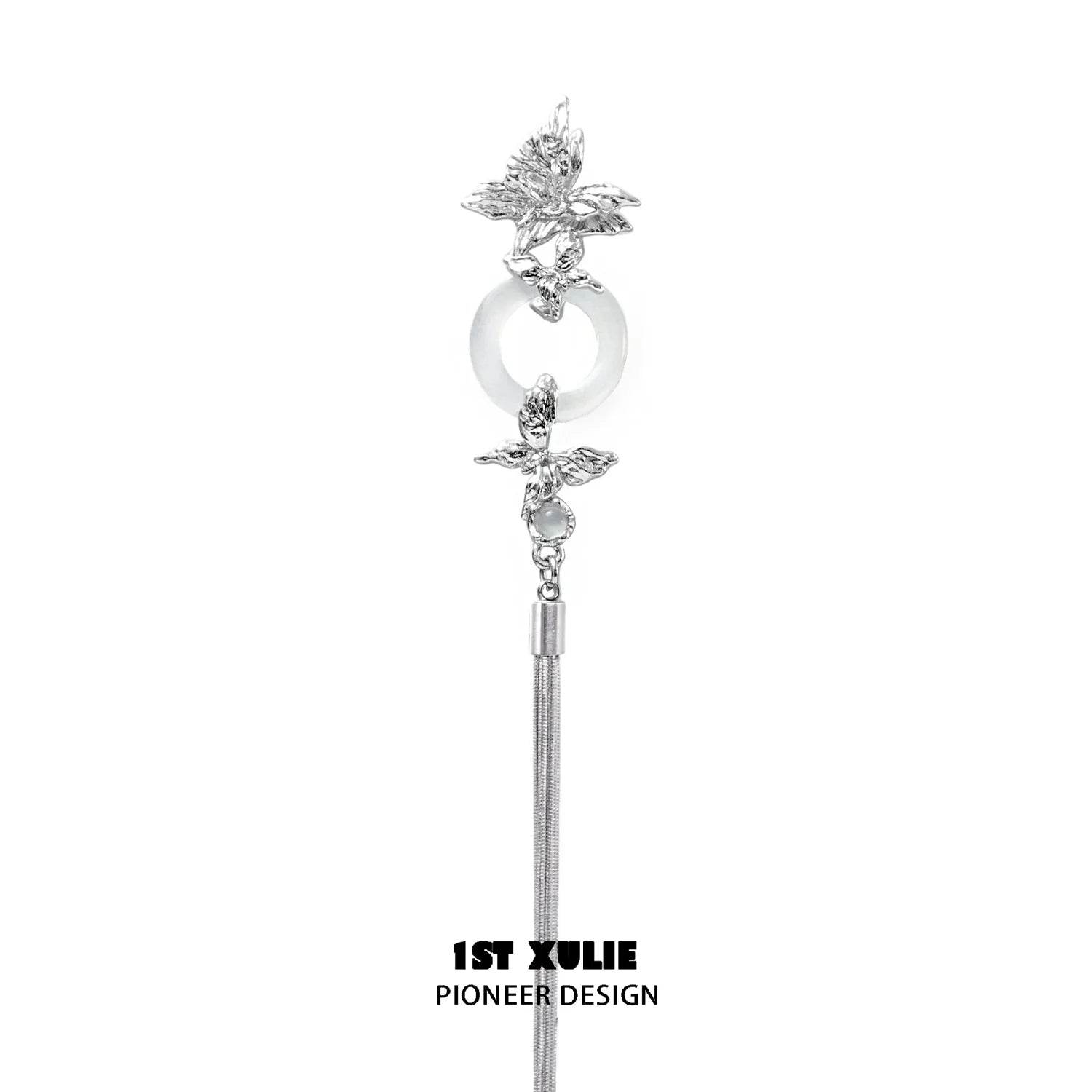 Elegant butterfly tassel earrings with silver accents and a circular gemstone centerpiece
