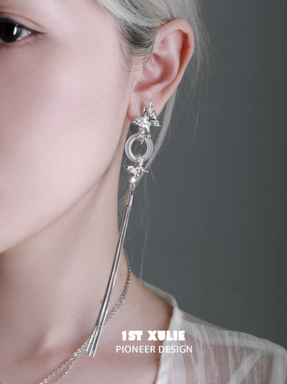 Elegant butterfly tassel earrings with silver accents, featuring a delicate design for a stylish look