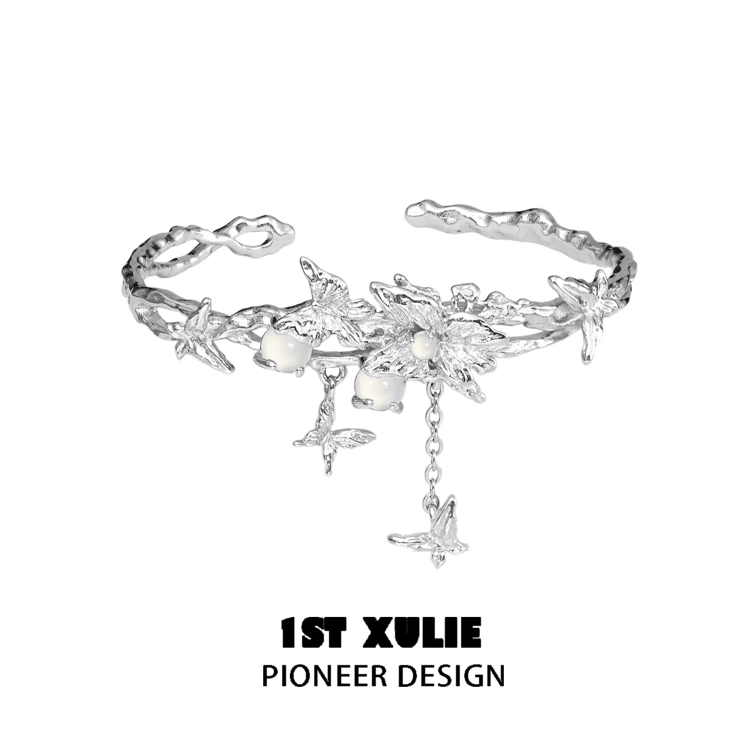 Butterfly tassel white agate bracelet with elegant silver design and dangling charms