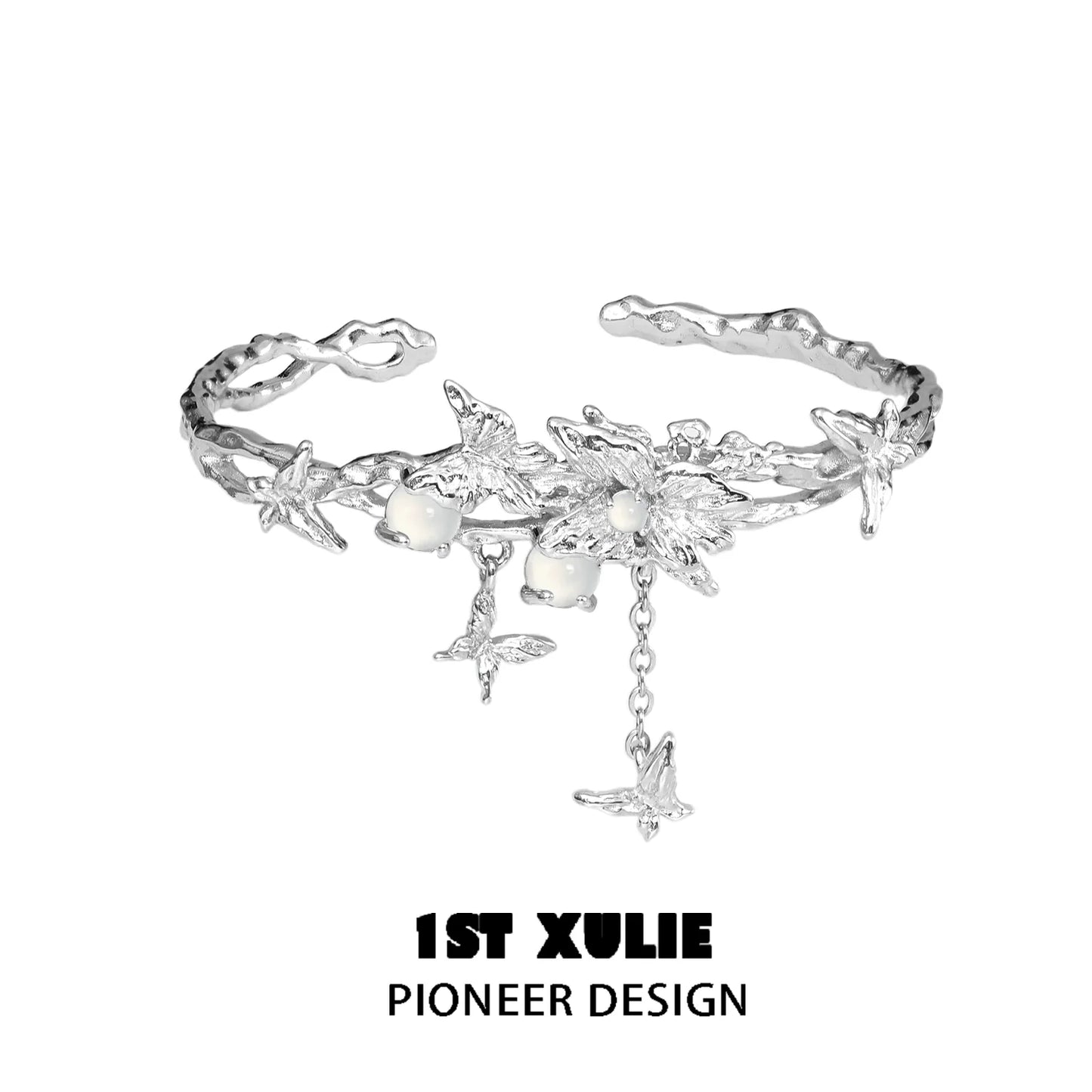 Butterfly tassel white agate bracelet with intricate silver design from 1ST XULIE