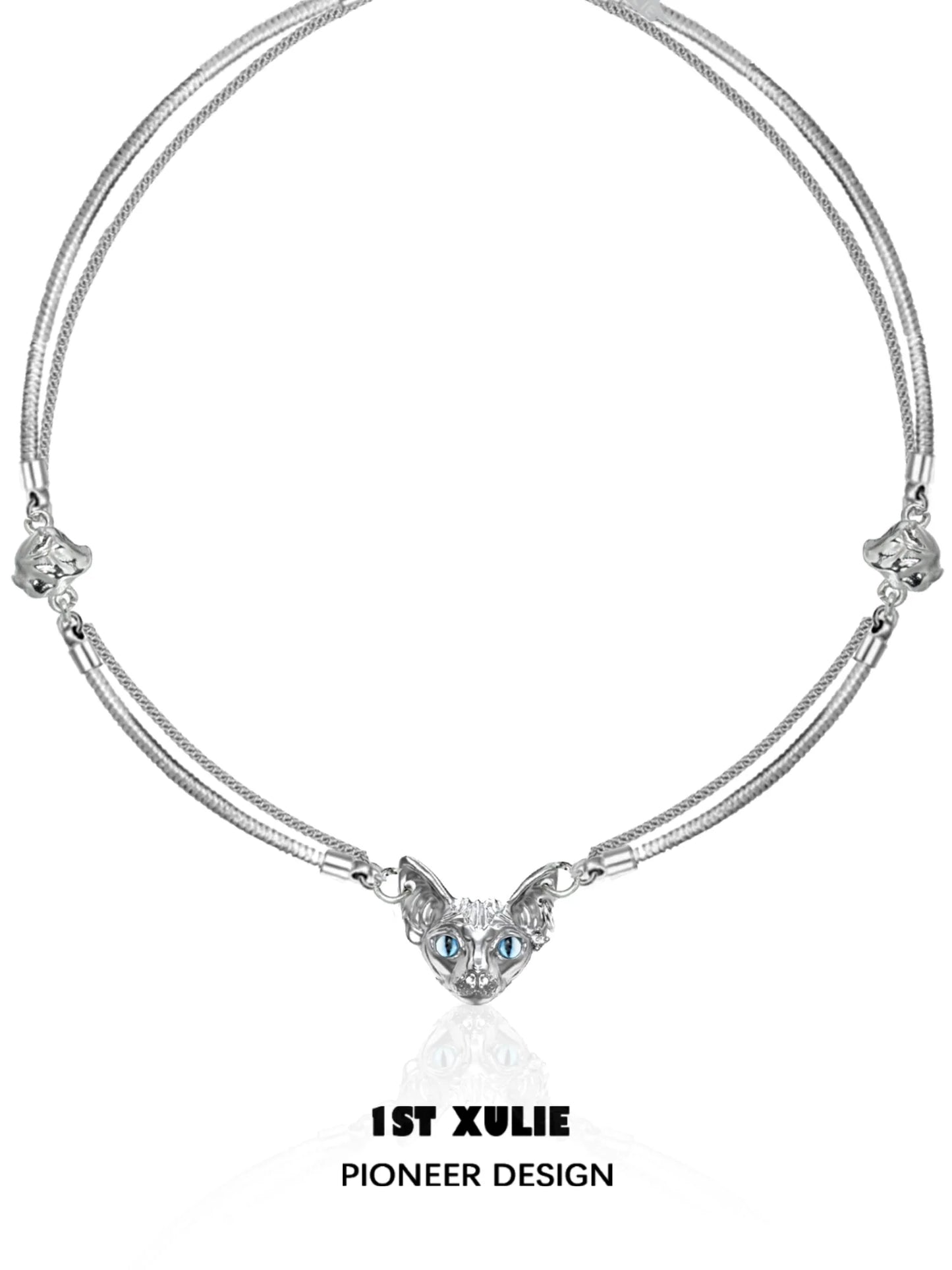1STXULIE Cat Clavicle Necklace with Silver Chain and Blue Gem Eyes for Stylish Cat Lovers