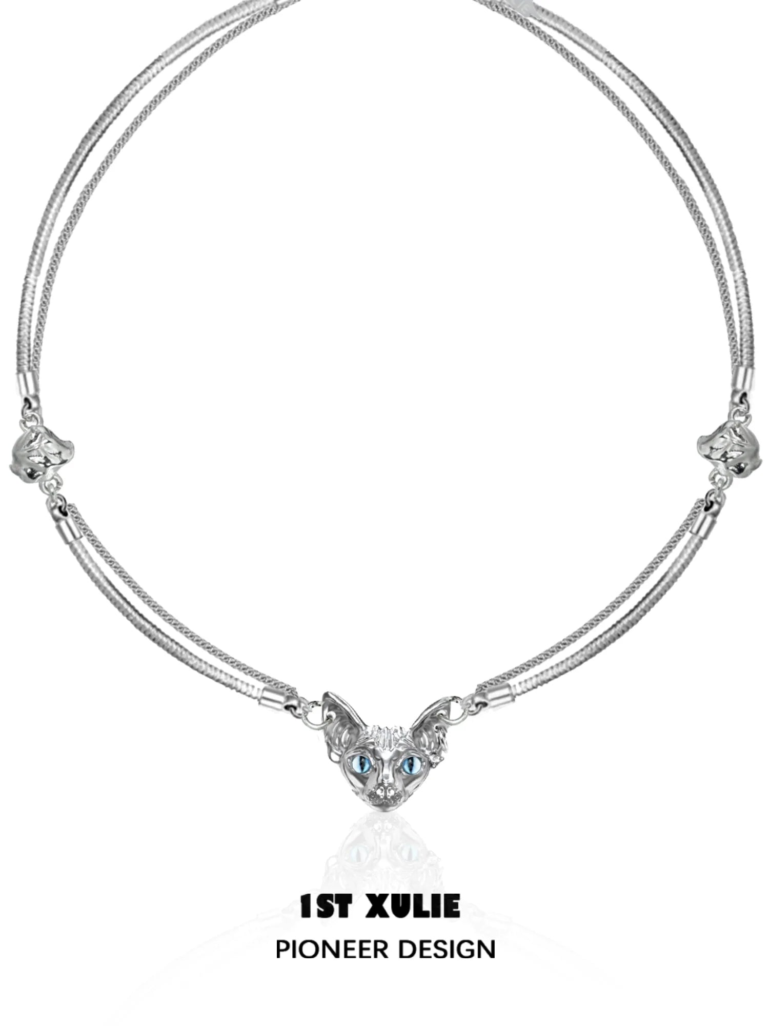 1STXULIE Cat Clavicle Necklace with Silver Chain and Blue Gem Eyes for Stylish Cat Lovers