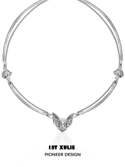 1STXULIE Cat Clavicle Necklace with Silver Chain and Blue Gem Eyes for Stylish Cat Lovers