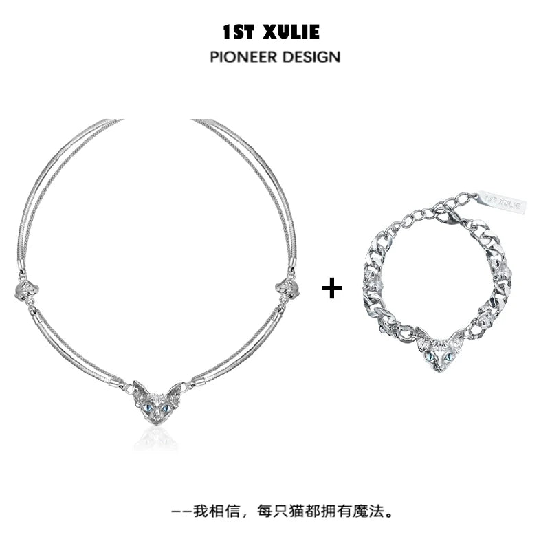 Elegant 1ST XULIE cat clavicle necklace with heart pendant and matching bracelet for stylish outfits