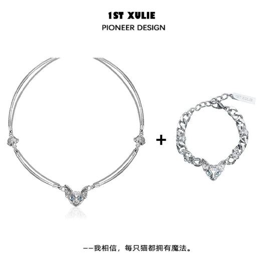 Elegant 1ST XULIE cat clavicle necklace with heart pendant and matching bracelet for stylish outfits