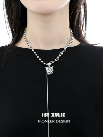 Silver cat crown necklace with unique design featuring a cat charm on a beaded chain