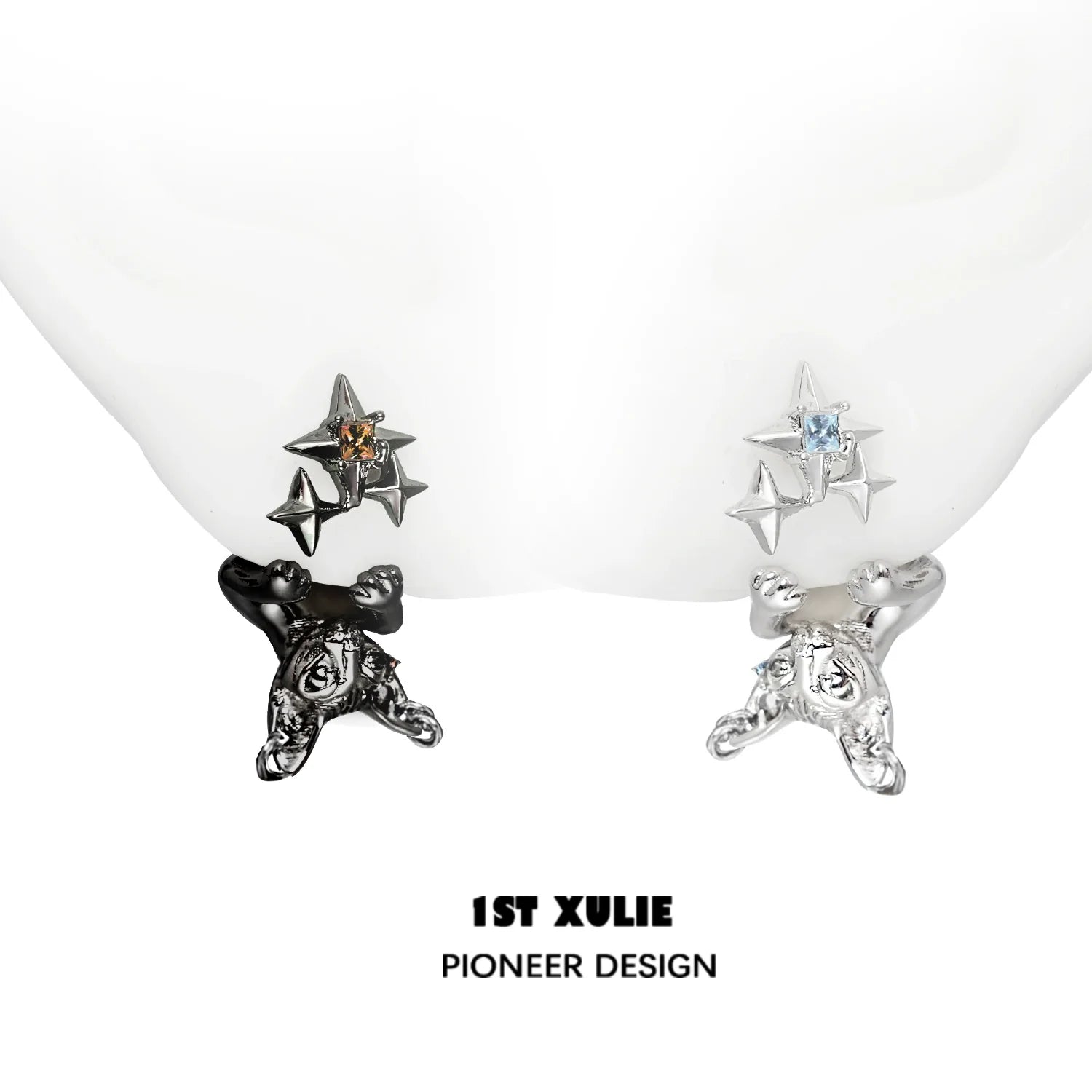 1ST XULIE Cat Star Stud Earrings in Silver and Black with Shiny Gem Details