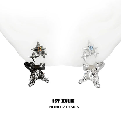1ST XULIE Cat Star Stud Earrings in Silver and Black with Shiny Gem Details