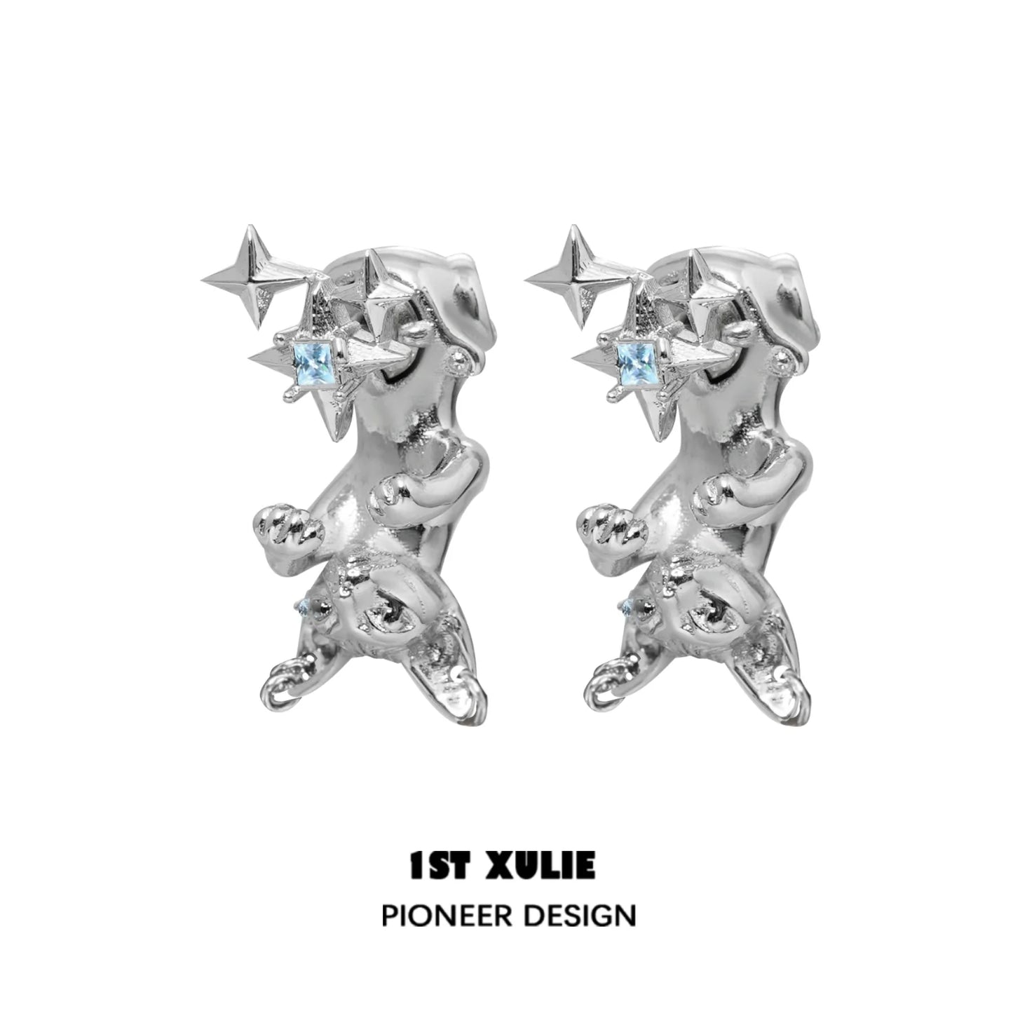 Shiny silver cat star stud earrings with blue gems for a playful and stylish look
