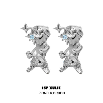 Shiny silver cat star stud earrings with blue gems for a playful and stylish look