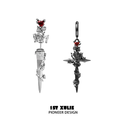 Unique cathedral rose piercing earrings with red heart accents and intricate design details