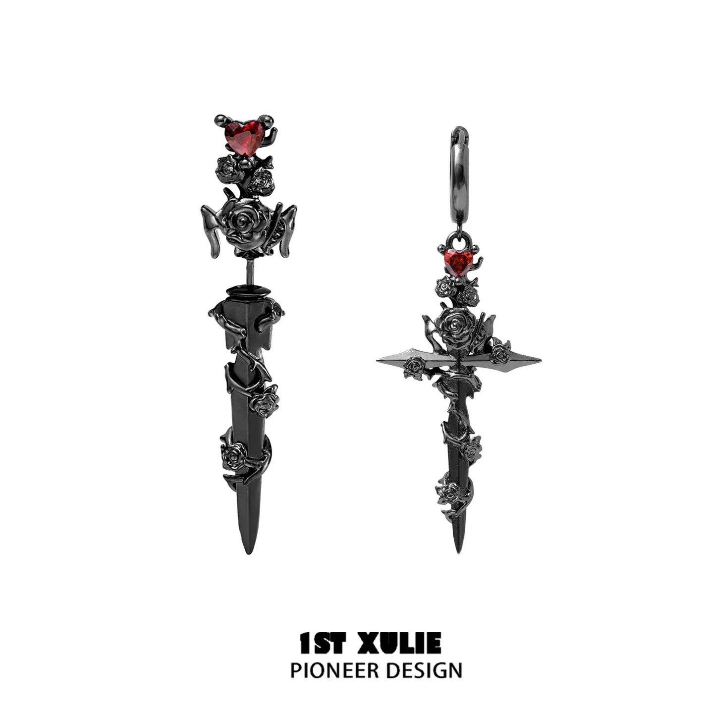 Cathedral rose piercing earrings with gothic design and red heart accent from 1ST XULIE