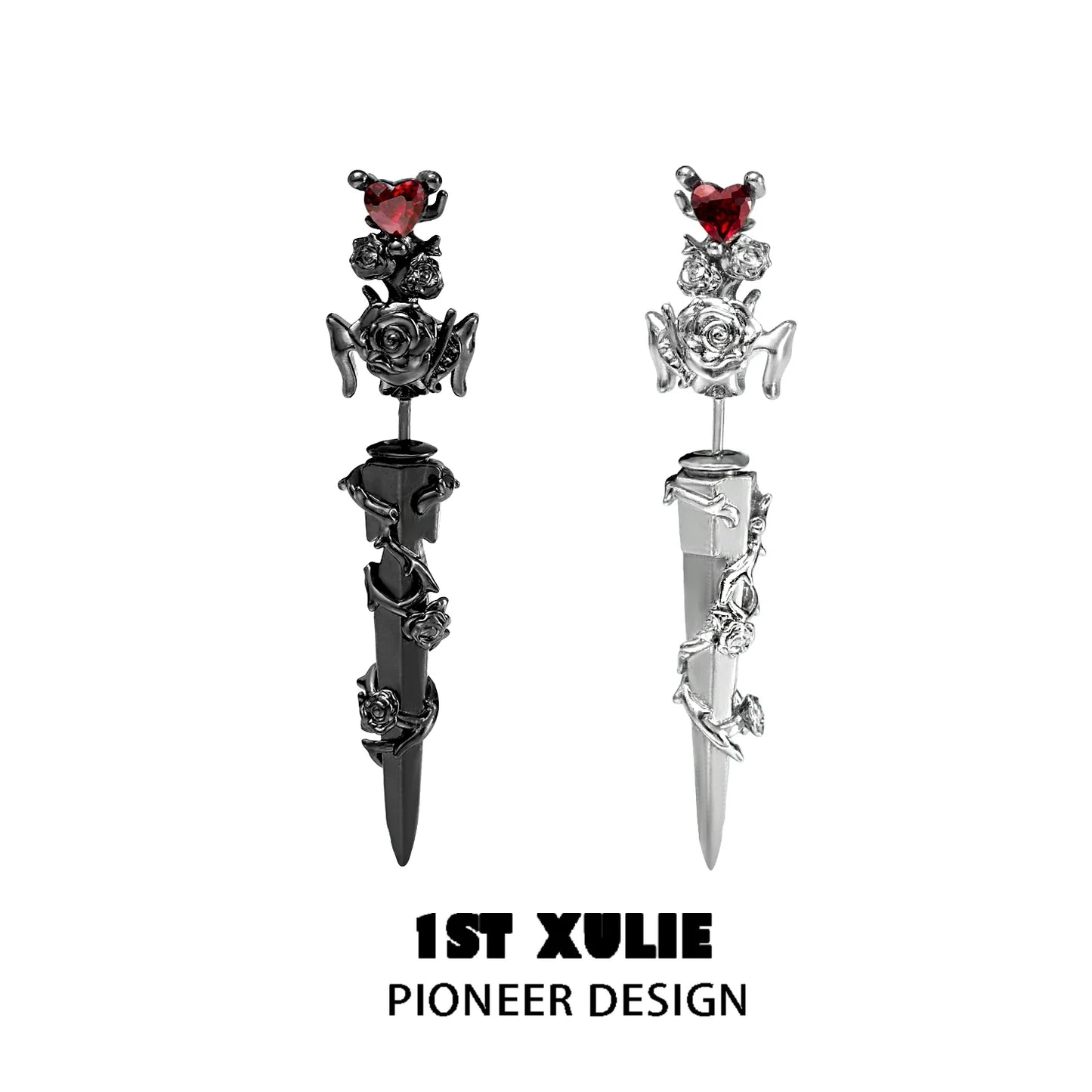 Cathedral rose piercing earrings featuring elegant rose designs and heart accents in black and silver