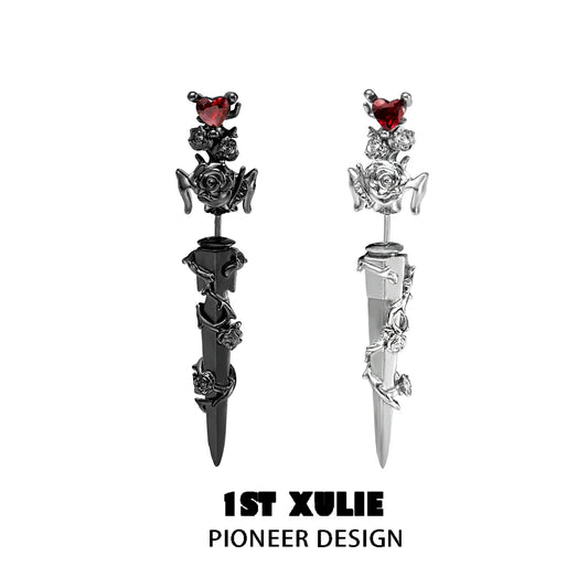 Cathedral rose piercing earrings featuring elegant rose designs and heart accents in black and silver