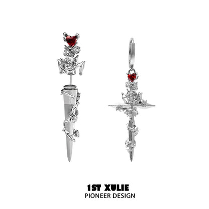 1ST XULIE cathedral rose piercing earrings with a red heart and floral design for a unique look