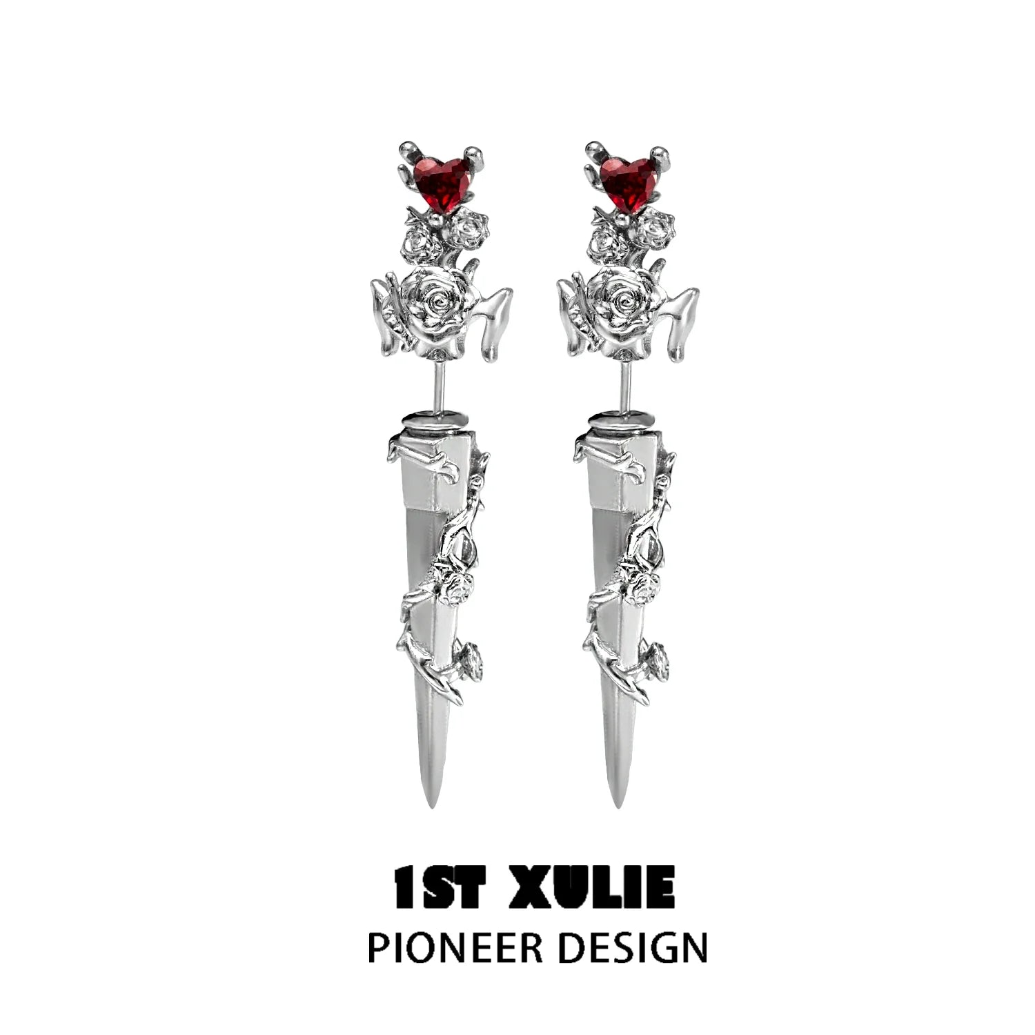 1ST XULIE cathedral rose piercing earrings featuring red heart accents and a stylish design
