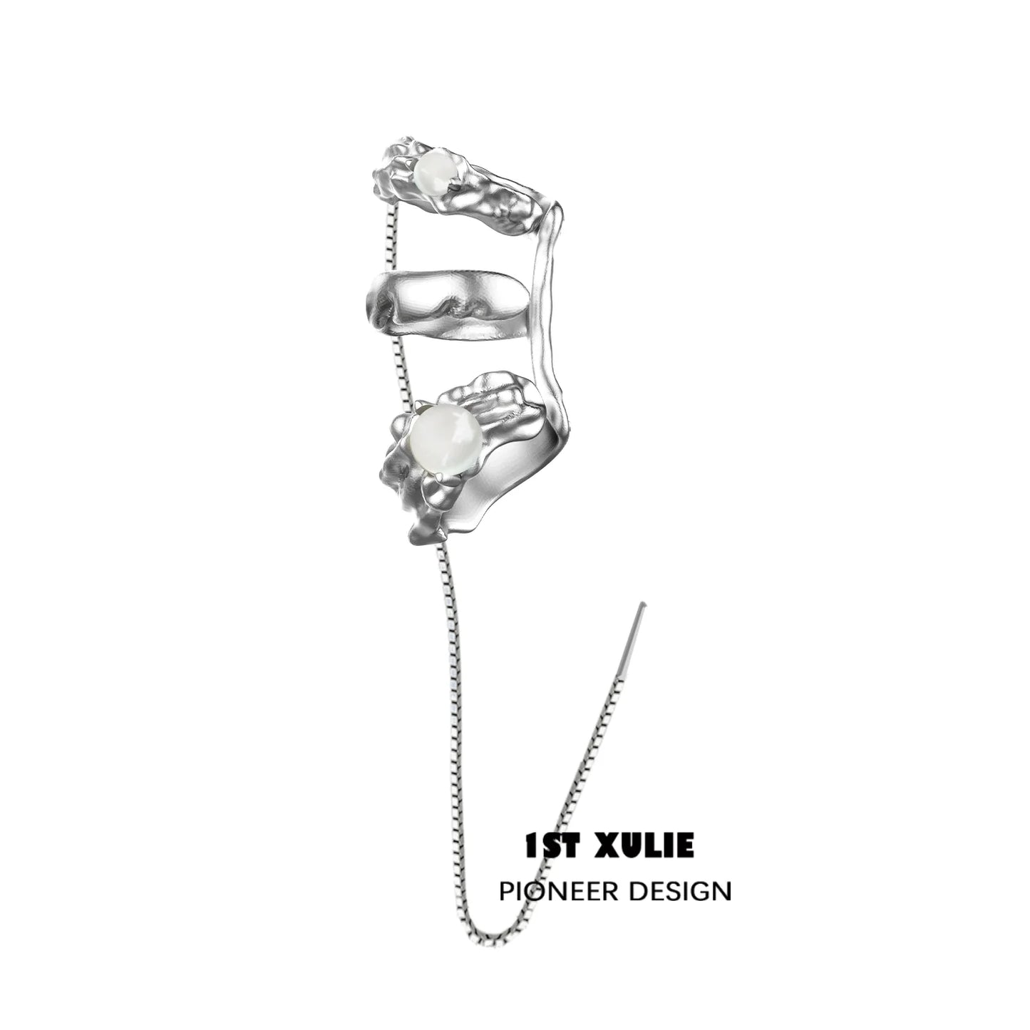 Celestial agate ear clip designed by 1STXULIE with elegant silver detailing and chain accent