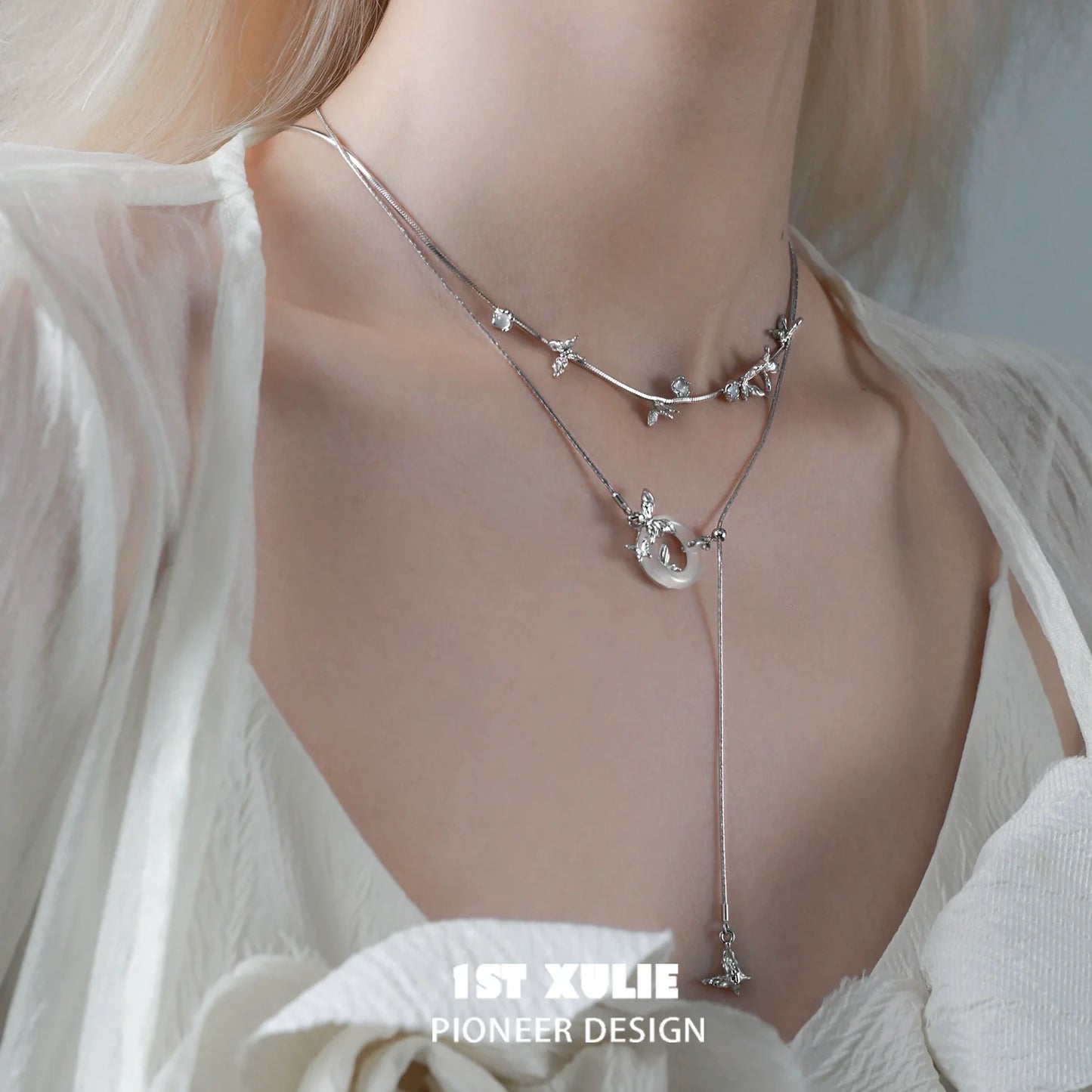 Stylish 1STXULIE chalcedony butterfly necklace with delicate butterfly charms and silver chain