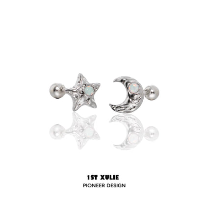 Silver cosmic moon and star earrings with opal details for a celestial-inspired look