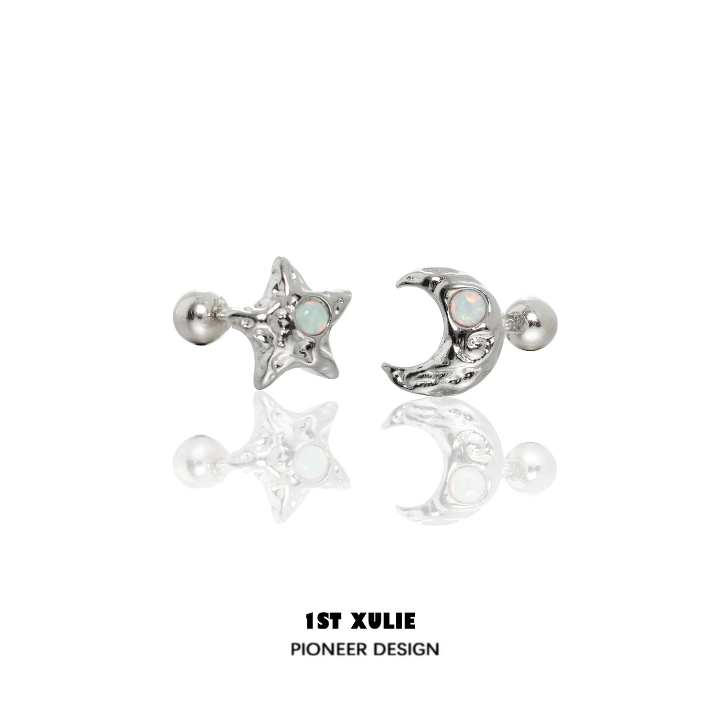 Silver cosmic moon and star earrings with opal accents for a shimmering celestial look