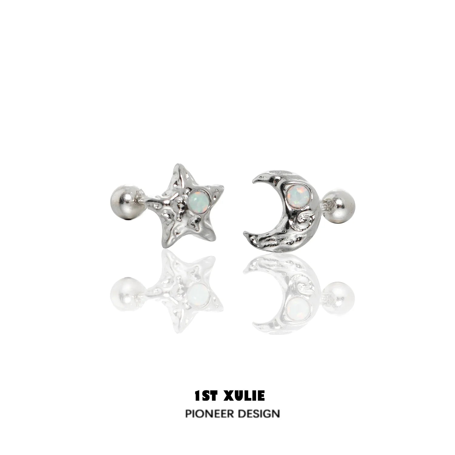 Silver cosmic moon and star earrings with opal accents for a shimmering celestial look