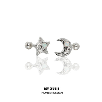 Silver cosmic moon and star earrings with opal accents for a shimmering celestial look