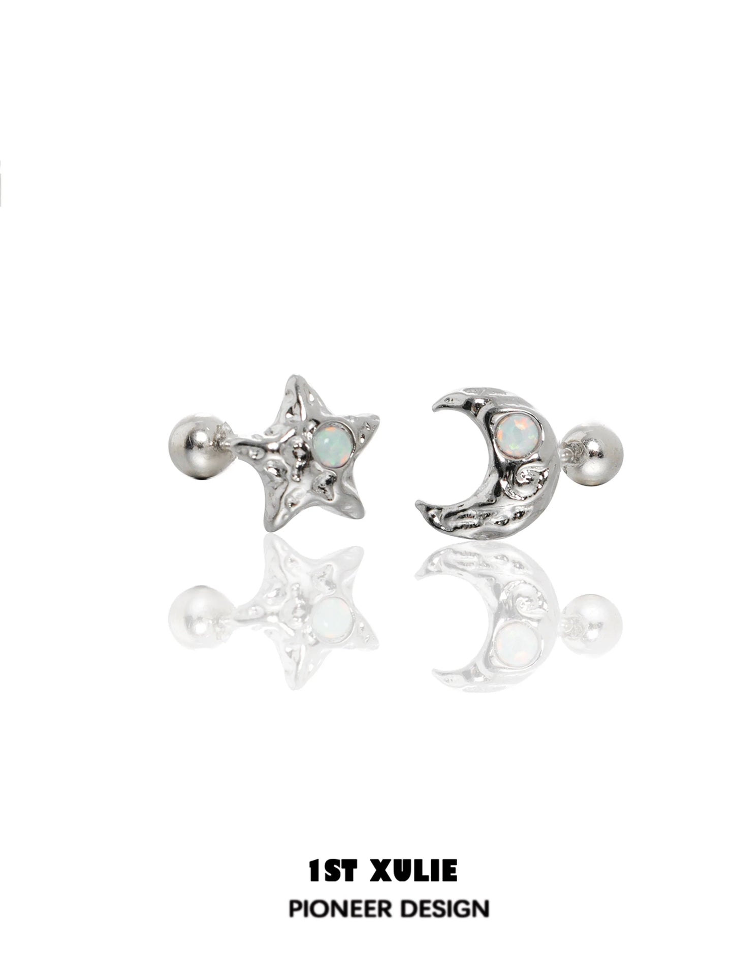 Silver cosmic moon and star earrings with iridescent details for a celestial look