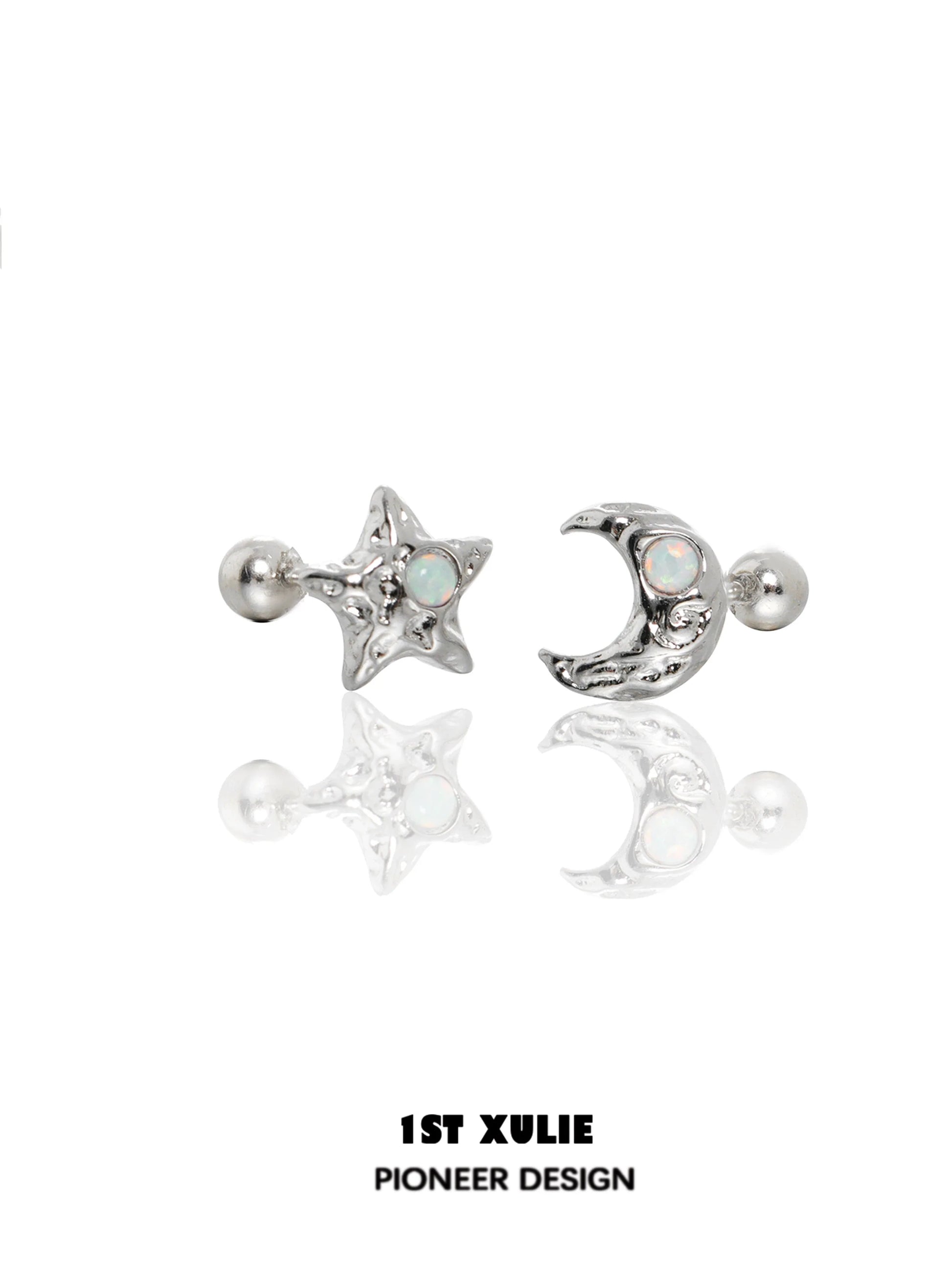 Silver cosmic moon and star earrings with iridescent details for a celestial look
