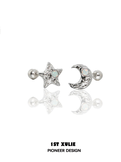 Silver cosmic moon and star earrings with iridescent details for a celestial look