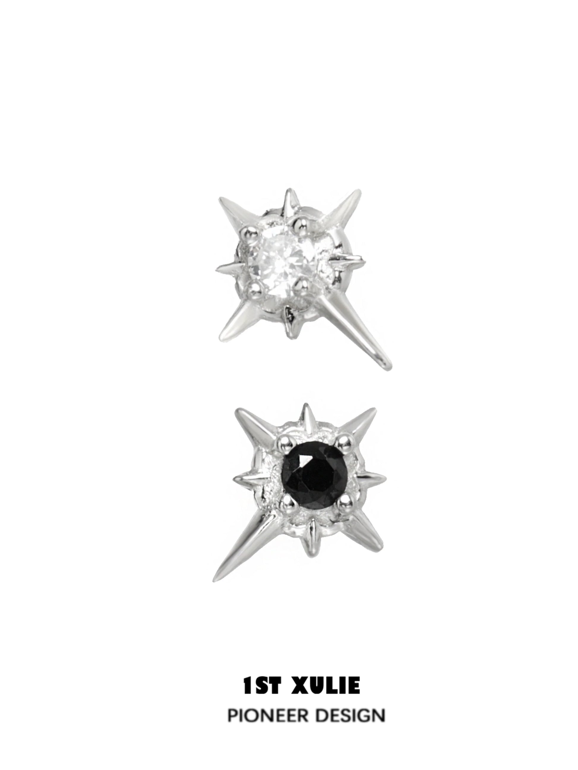 1ST XULIE Cosmic Star Earrings in Silver featuring Sparkling Clear and Black Gemstones
