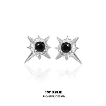 1STXULIE Cosmic Star Earrings with Spiked Design and Black Center Gemstone