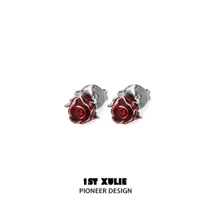 Crimson and azure rose stud earrings with detailed floral design by 1STXULIE