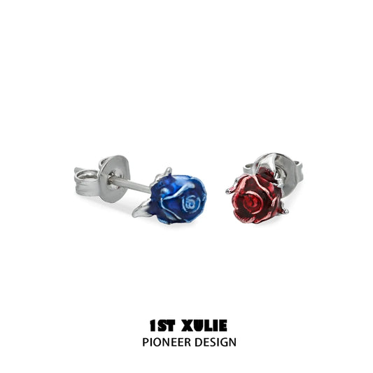 Crimson and azure rose stud earrings in silver with vibrant flower designs