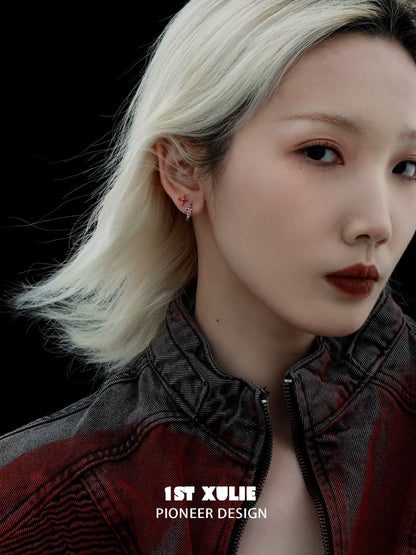 Model wearing 1ST XULIE crimson cross gothic earrings that feature a unique design and enhance any outfit