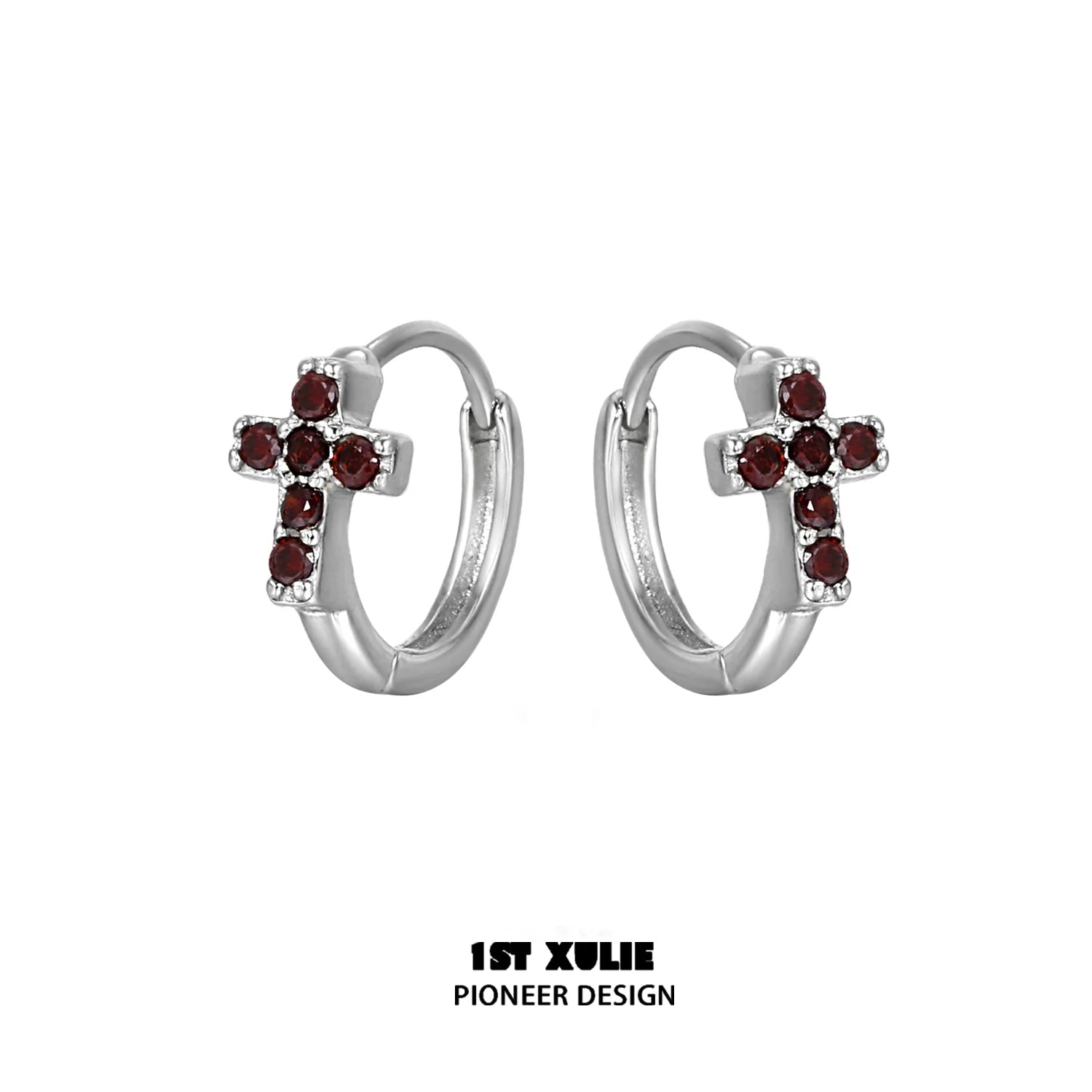 Crimson cross gothic earrings with silver hoop design and ruby-like embellishments